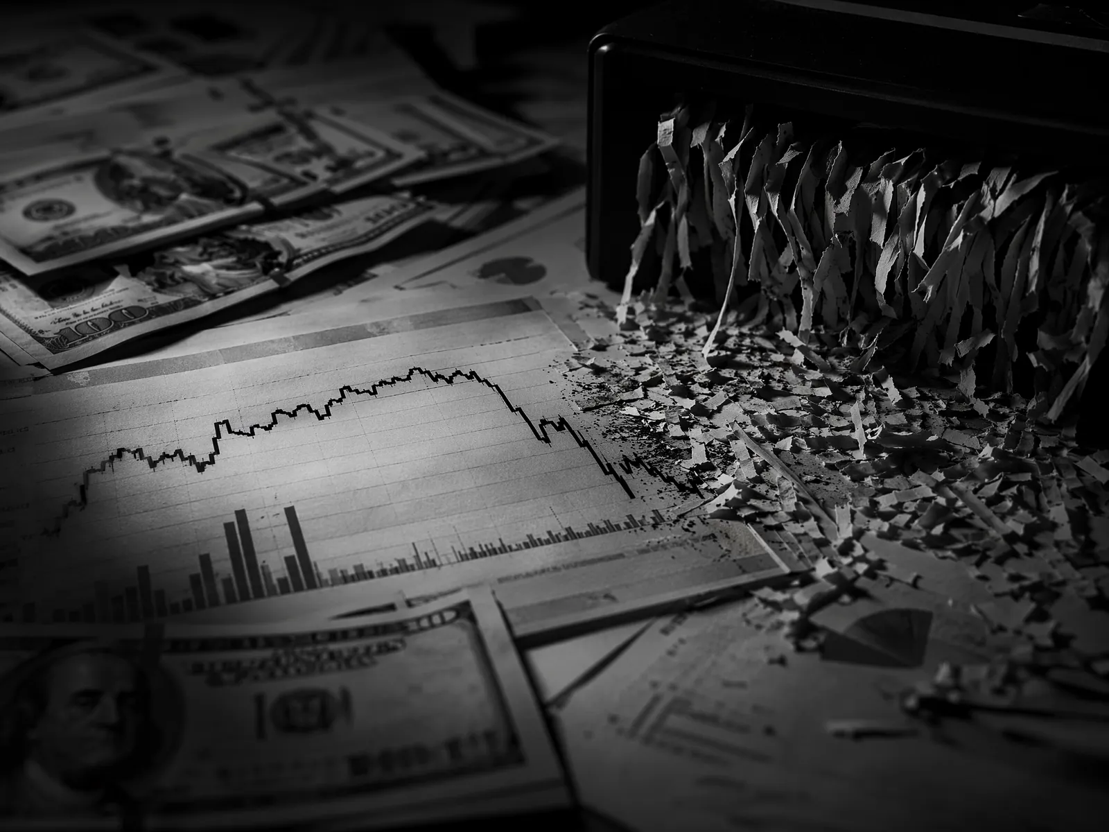 碎纸机旁散落的财务报表与下跌曲线的黑白概念照片